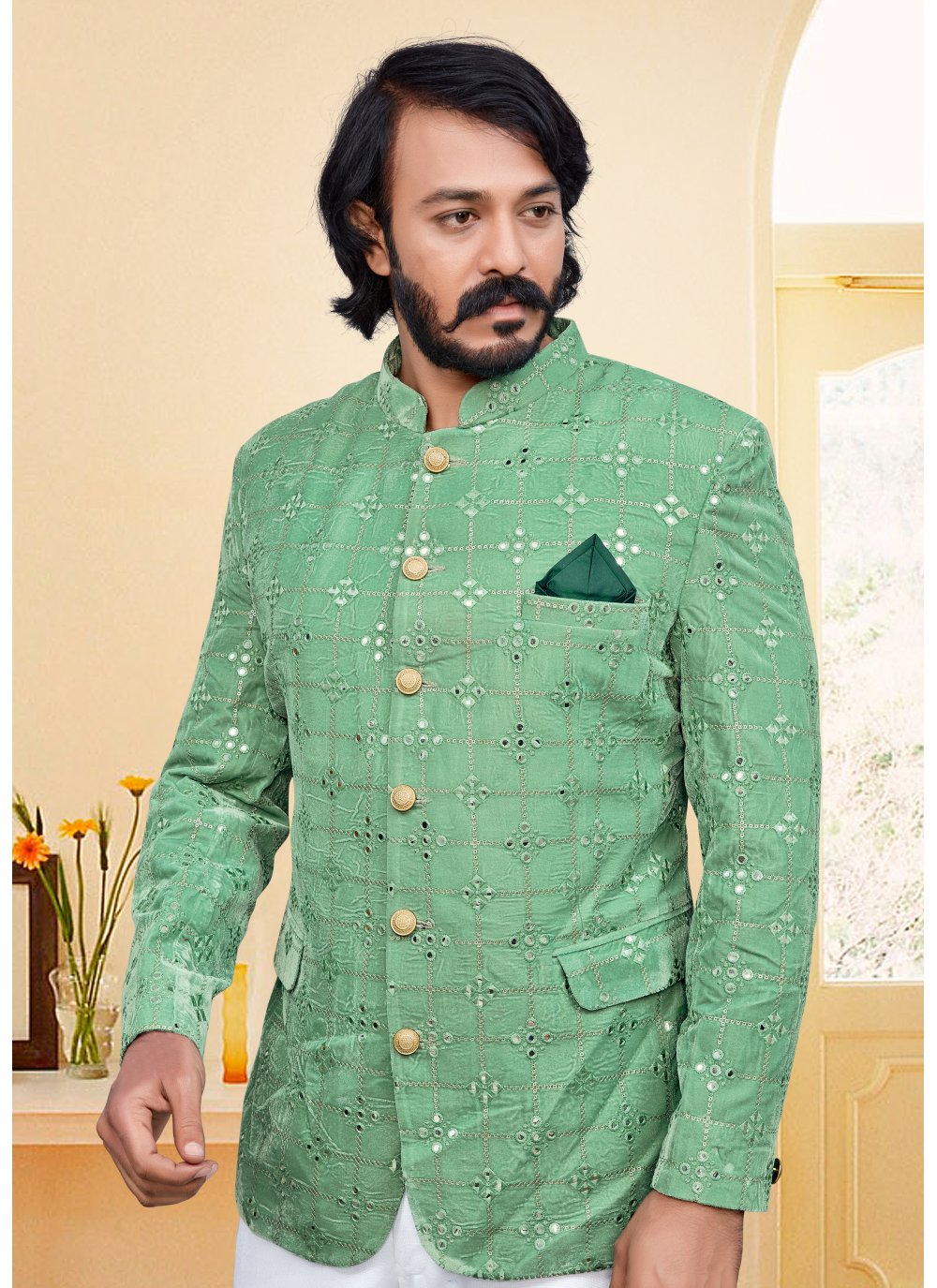 green velvet mirror jodhpuri suit 237121 0